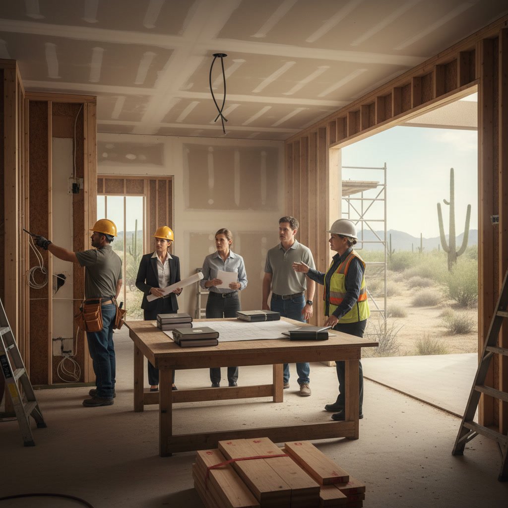 Arizona contractor reviewing building permit documents for whole house remodel