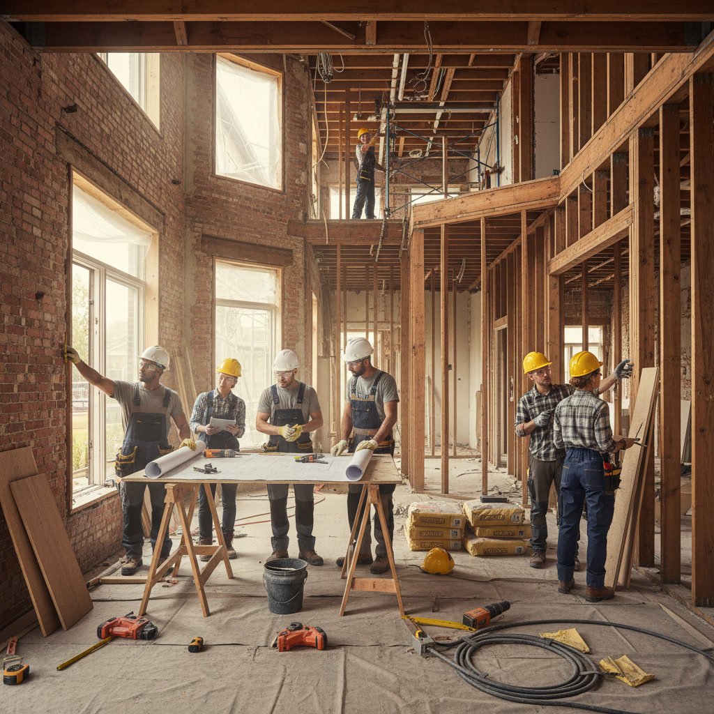 Professional contractor reviewing home remodel blueprints and plans