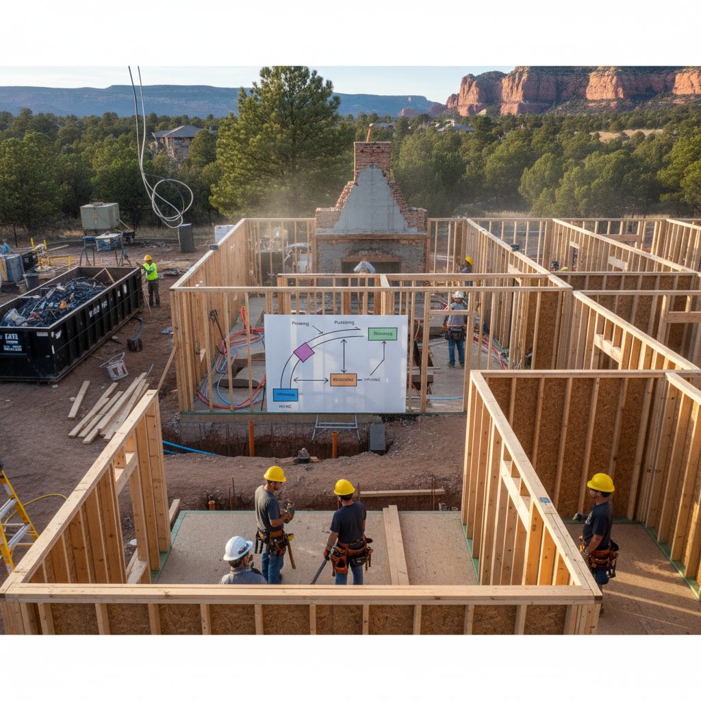 Construction worker reviewing trade sequence schedule during whole house remodel