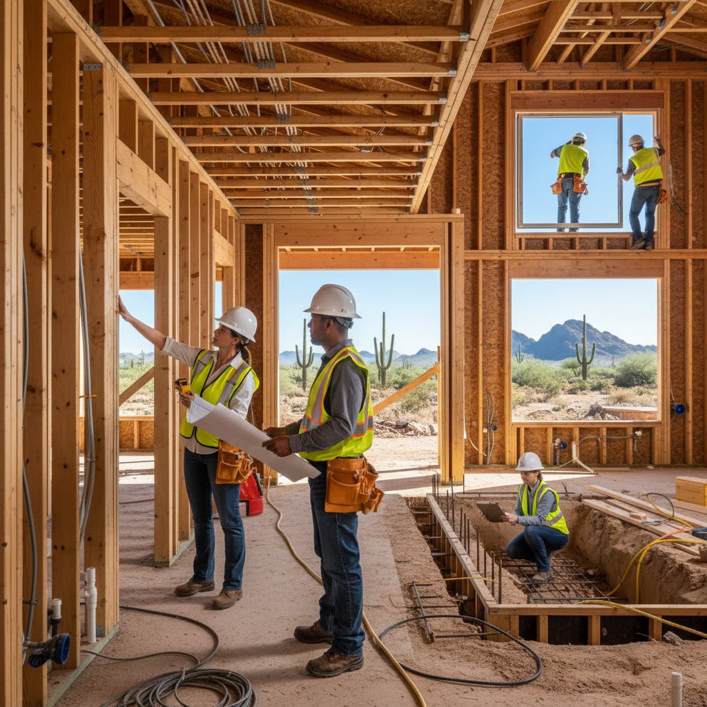 Building inspector reviewing framing during whole house remodel inspection