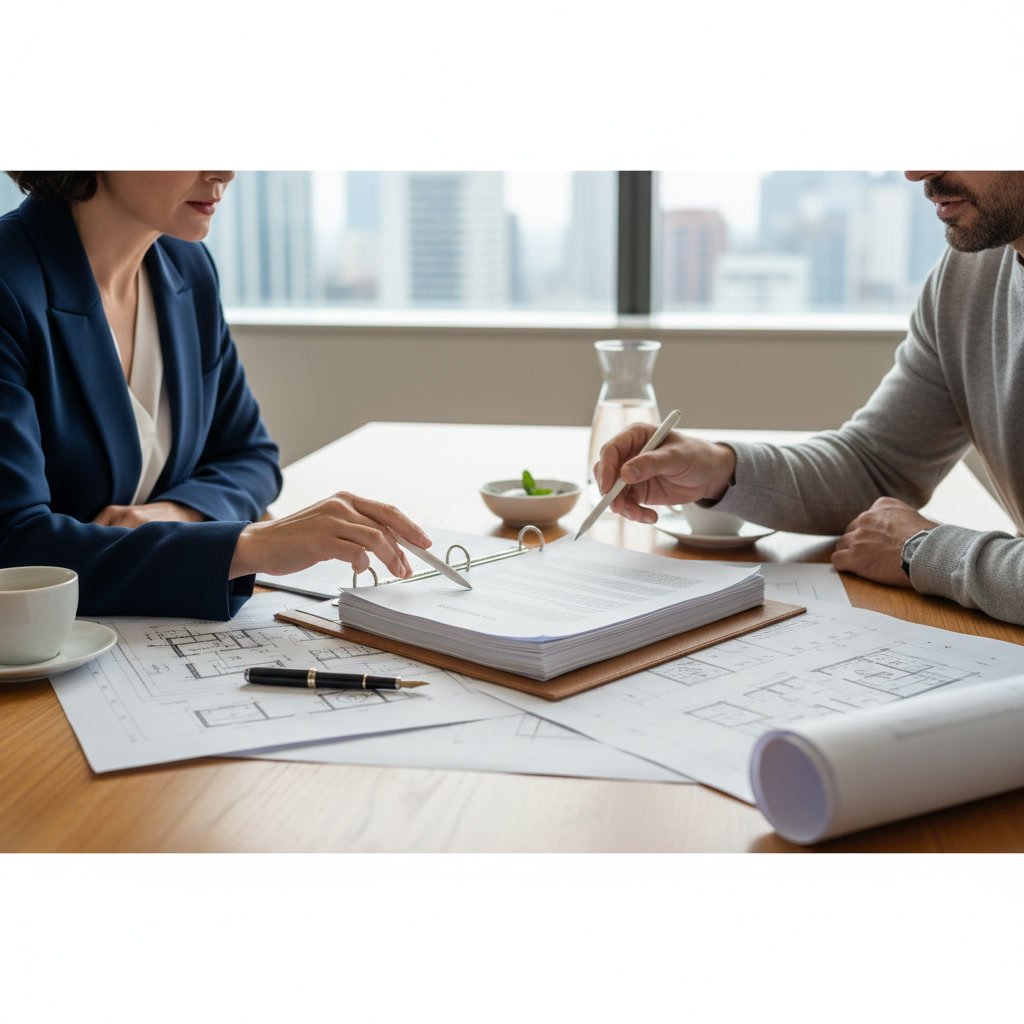 Homeowner reviewing contractor agreement and construction contract documents