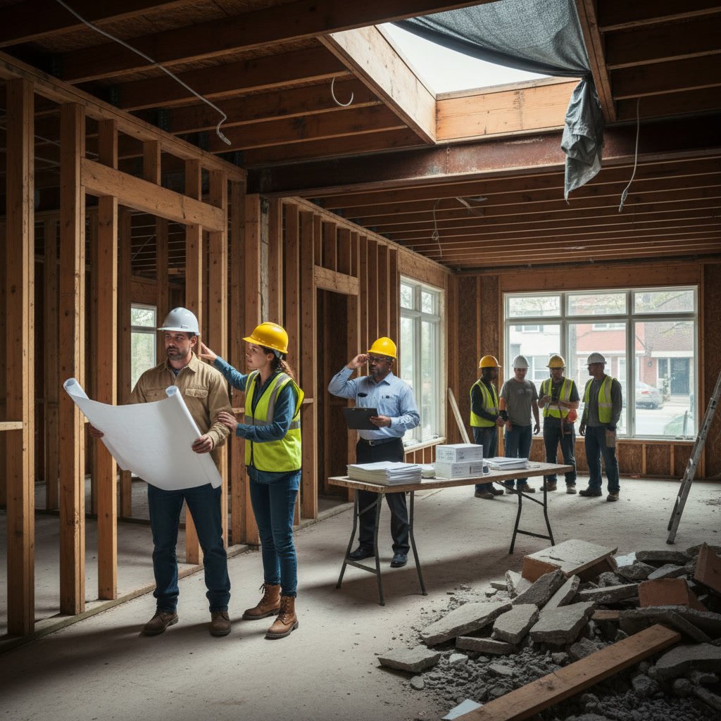 Construction professional reviewing updated remodel plans with homeowner