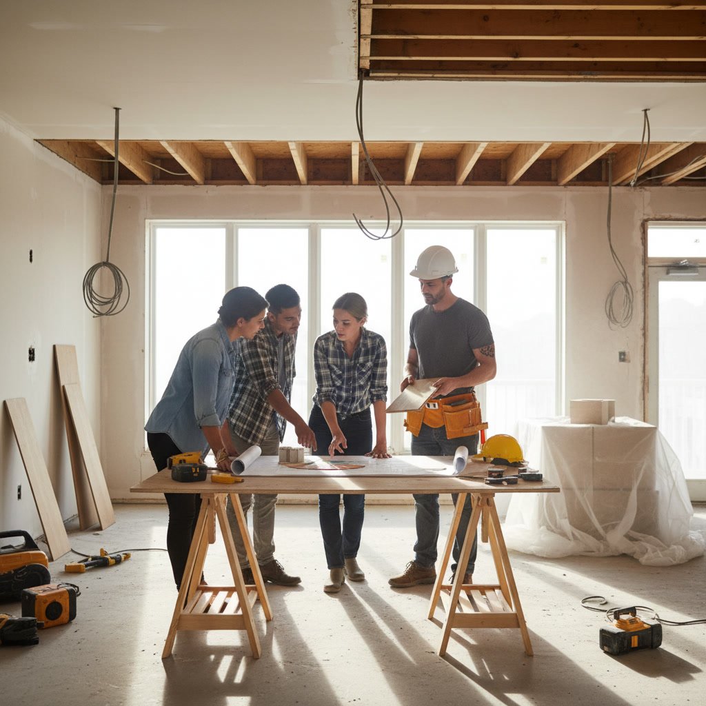 Professional contractor meeting with homeowners to discuss full home remodel plans