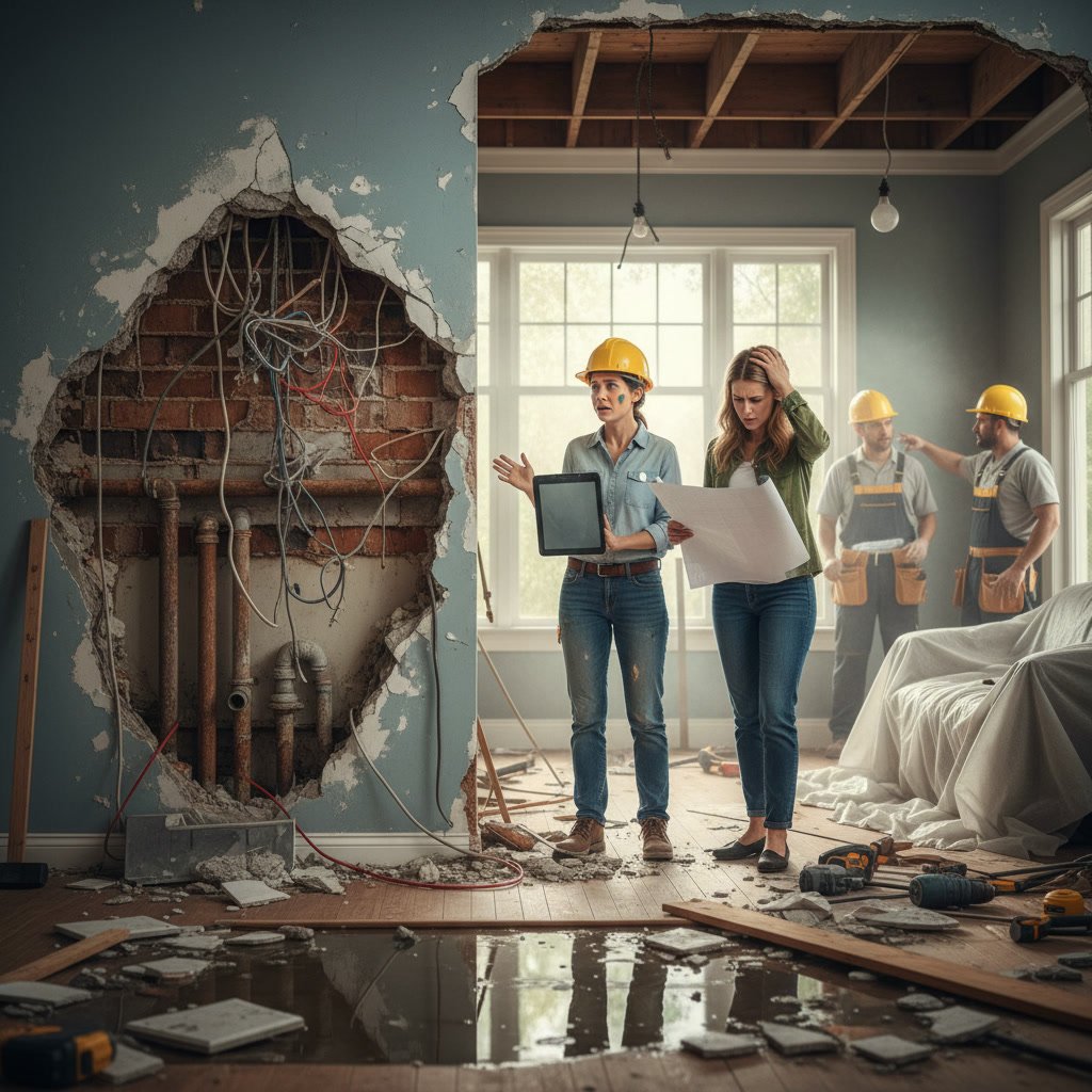 Professional contractor examining structural issues during whole house remodel
