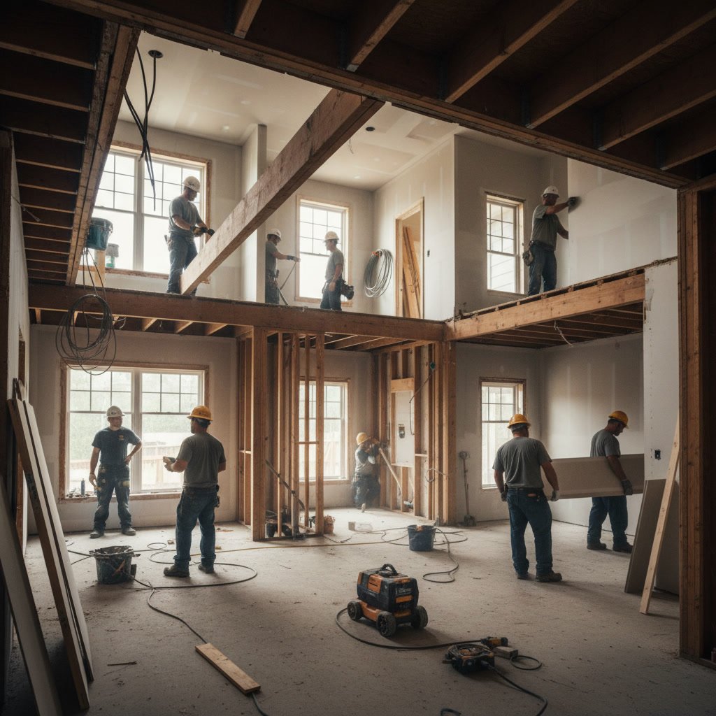 Professional contractor reviewing trade sequence plan for whole house remodel project