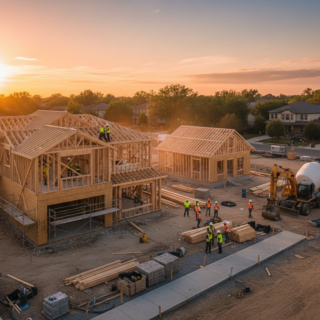 Construction site showing main house and casita framing during combined whole house remodel project