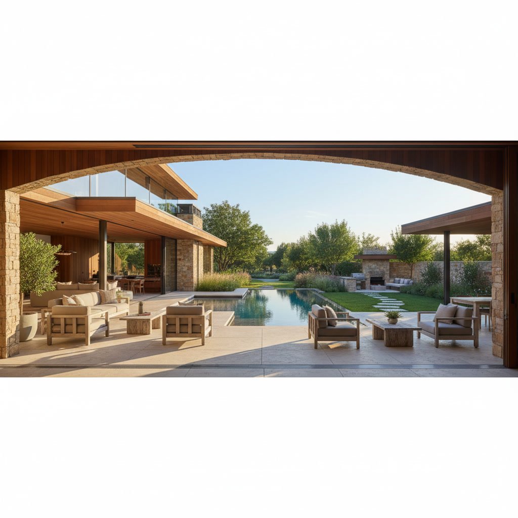 Luxury home exterior showing seamless indoor outdoor living space integration with large glass doors