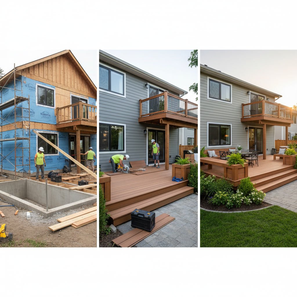 deck construction integrated with home exterior remodeling showing material transitions