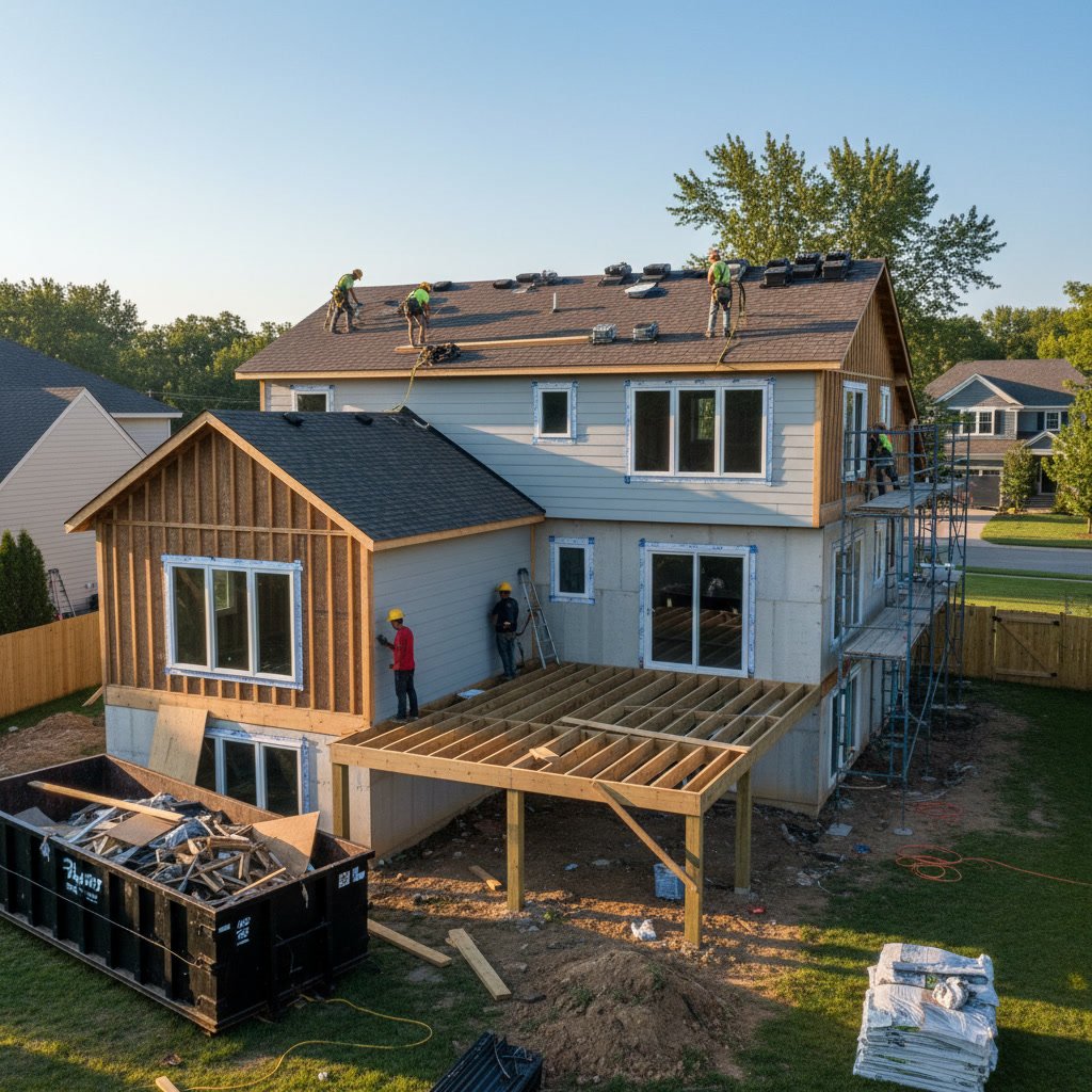 exterior remodeling project showing deck construction with coordinated siding and paint