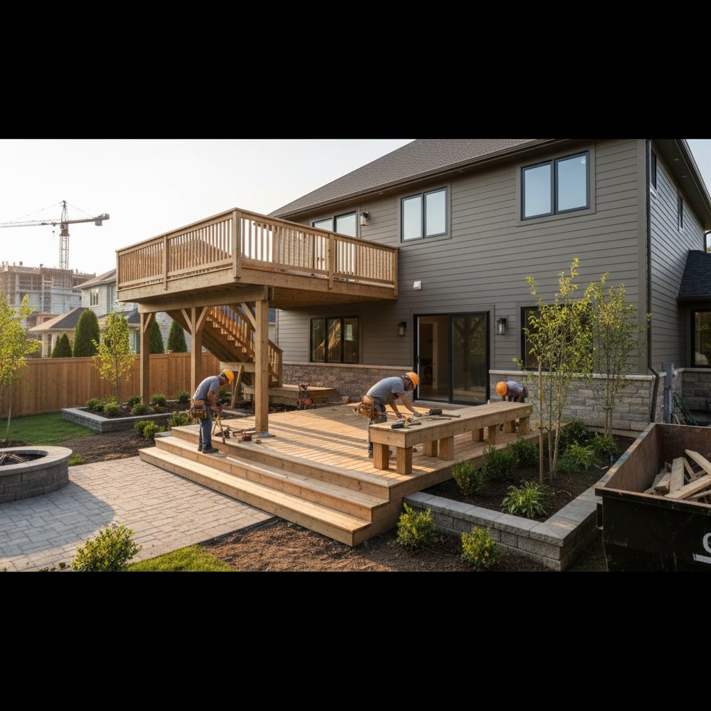 completed deck construction as part of comprehensive exterior remodeling